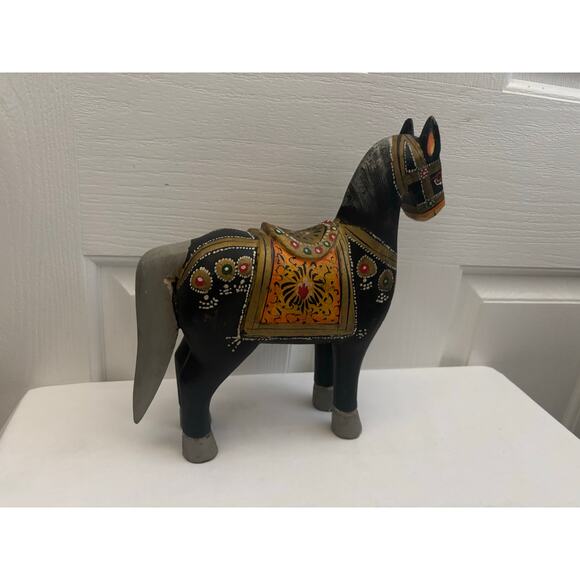 Vintage Painted Wooden Horse Statue India Folk Art Boho Decor - Picture 3 of 13